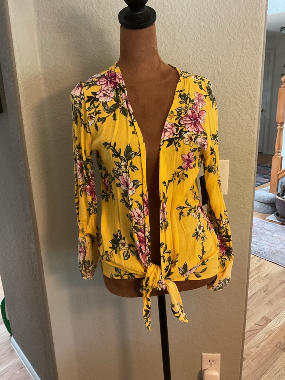No Boundaries Yellow Floral Tie-Front Blouse